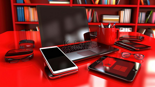 红色电脑科技背景图片_亮红色工作区笔记本电脑手机和平板电脑 3D 渲染上的数字设备