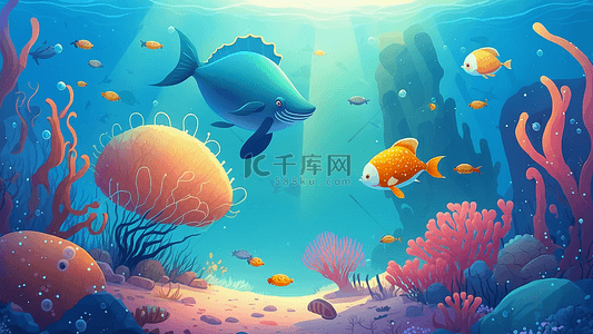 水下卡通背景图片_鱼类珊瑚海底卡通插画背景