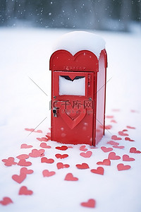 雪上的红色邮箱用心形纸覆盖