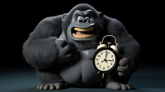 搞笑的 3D 肥胖大猩猩吉祥物抓着闹钟