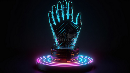 黑色人造手的胜利手势在 3D 渲染中悬浮霓虹灯几何对象