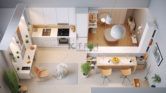 带厨房的浅色调现代平面 3D 室内工作室的顶视图