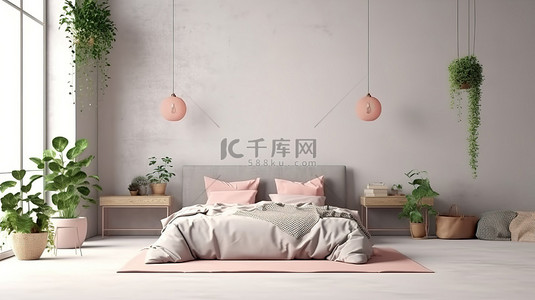 3D 渲染的卧室，配有未整理的床粉色格子绿色植物和灯，靠在空白的白墙上