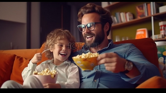 坐在沙发的爸爸背景图片_爸爸和男孩在沙发上通过 3D 电影和爆米花加深感情