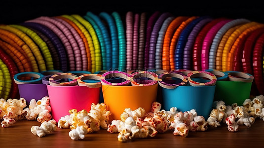 3D 眼镜和条纹纸板杯中的彩色爆米花，度过一个有趣的电影之夜