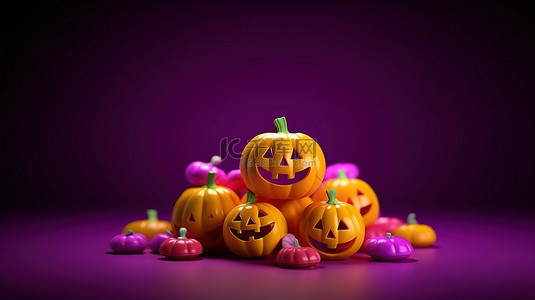 幽灵般的万圣节充满活力的杰克灯笼南瓜五颜六色的糖果和紫色背景上的鬼魂 3D 渲染中的经典十月假期