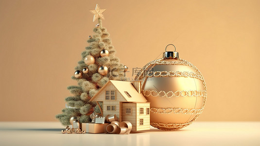 节日圣诞树和小房子装饰着金色球礼盒和奶油背景 3D 渲染
