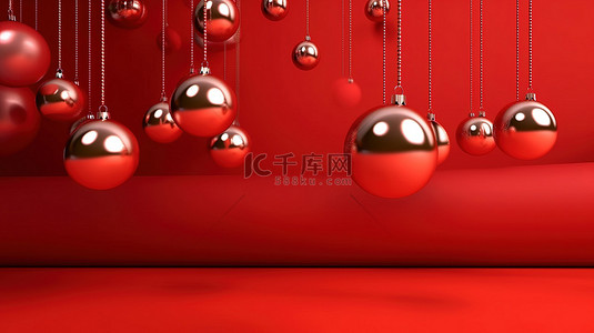 3D 渲染的节日圣诞节背景，红色背景上带有抽象悬挂装饰品
