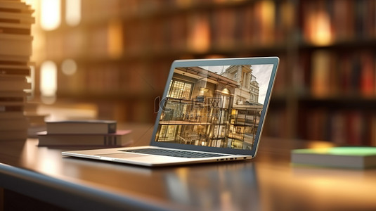 数字教育中笔记本电脑屏幕在线图书馆的真实 3D 渲染