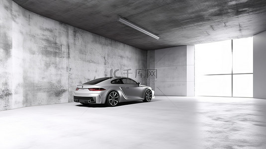 沥青施工背景图片_3D 渲染中混凝土地板建筑背景上的汽车广告