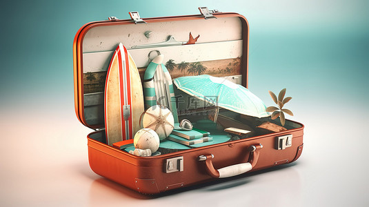 旅行必需品 3D 夏季插画，配有手提箱冲浪板和配件