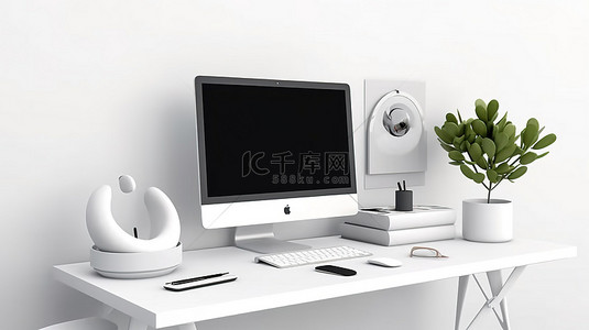 白桌上的现代 PC 桌面模型，用于现代办公空间 3D 渲染