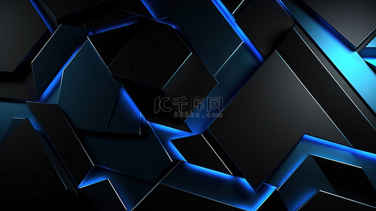 奢华蓝色背景图片_多边形黑色和蓝色背景，带有奢华的扭曲文本框架和横幅的 3D 渲染设计