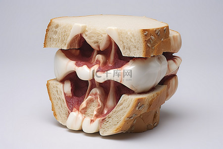 咬人背景图片_一个牙齿雕塑，里面装满了面包和奶酪，还有一颗牙齿