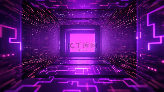 代码数据背景图片_发光的紫色背景上的方形模型框架是大数据和 3D 渲染编码的创意表示
