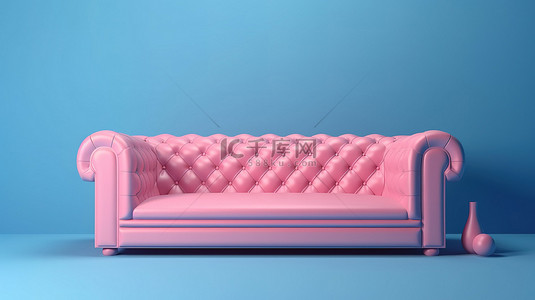 3d 渲染中的蓝色设计沙发单独站在粉红色背景上