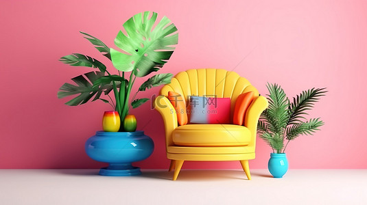 孟菲斯设计主题内饰中带控制台和植物的彩色扶手椅的 3D 渲染