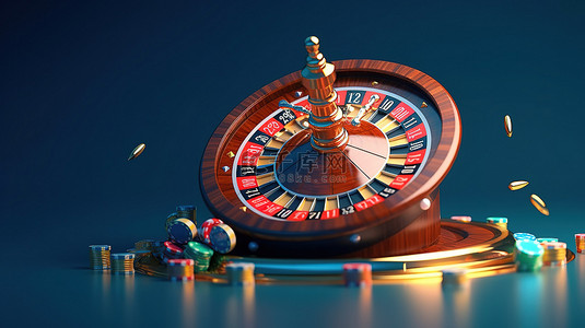 在线赌场中真实的 3D 轮盘赌轮和老虎机在蓝色背景下赢得 777
