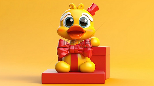 可爱的卡通鸭吉祥物，在 3D 渲染的充满活力的黄色背景上带有礼品盒和红丝带