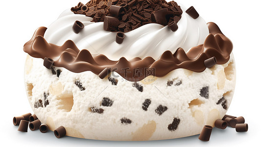 卡通风格 3D 渲染 bingsu 刨冰，上面有巧克力配料和白色隔离的牛奶