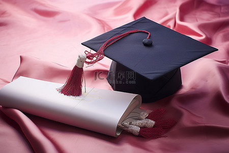毕业生帽背景图片_粉色背景上的毕业生文凭和毕业帽