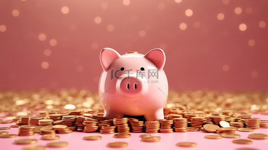 粉红色背景上装满金币的存钱罐的 3D 渲染，非常适合房地产和投资广告
