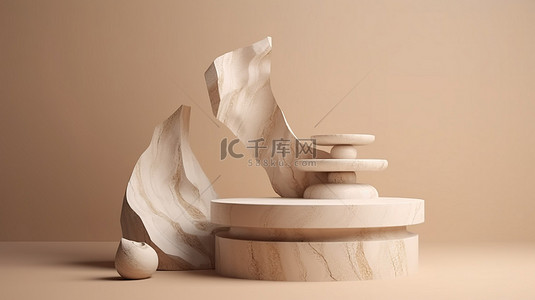 展示台支架的 3D 抽象渲染，以米色背景的石块和底座为特色