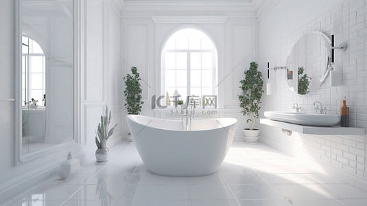 家居地板背景图片_精致的 3D 渲染，明亮的室内装饰，浴室配有白色浴缸