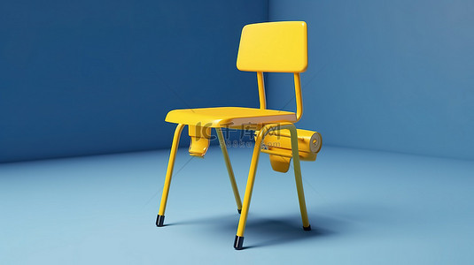 蓝色背景上 3D 渲染的黄色学生椅