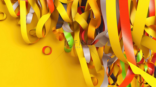 黄色的彩带背景图片_3D 渲染的金牌悬挂在半空中，阳光明媚的黄色背景上有充满活力的彩带