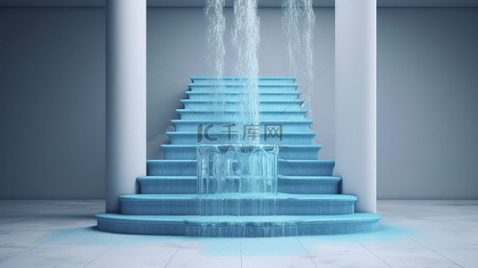 幽灵灰色背景下蓝色楼梯喷泉的令人惊叹的 3D 渲染