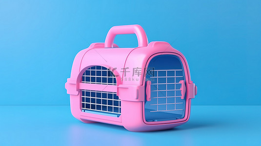 粉红色背景 3D 渲染双色调蓝色塑料宠物旅行运输盒模型