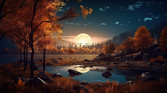 田园诗般宁静的 3D 插图，描绘了令人惊叹的月光下的秋季景观