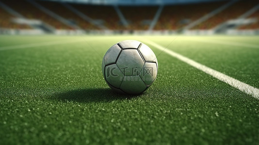 足球场上的足球和线的 3D 渲染插图