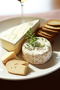 蓝莓奶酪背景图片_美味的奶酪和面包放在带软木塞的白盘上