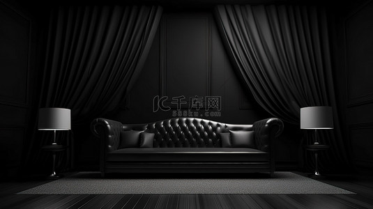 宽敞房间背景图片_带黑色沙发的宽敞房间的 3D 渲染