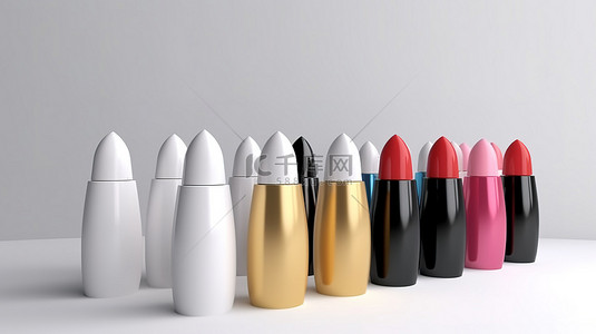 化妆时尚背景背景图片_白色背景 3D 渲染中的各种口红产品模型