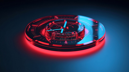 红色背景，带有 3d 渲染蓝色时钟符号图标的圆形透视图