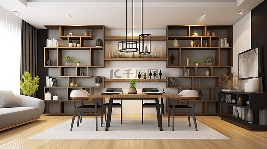 家居房背景图片_家具齐全的客厅配有时尚的餐桌和 3D 渲染的装饰架