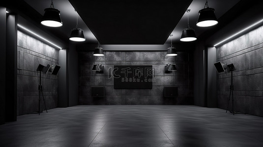室内展示舞台场景 3d 渲染一个宽敞的现代房间，有黑色石膏墙和三个聚光灯