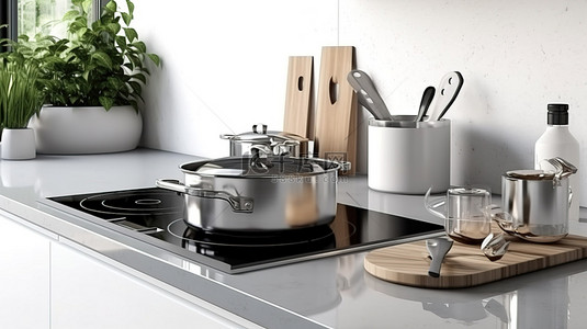 ?厨具背景图片_完整厨房台面的 3D 渲染，配有水槽炉灶和厨具