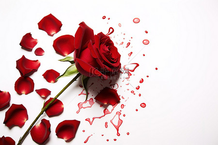白色背景上的一朵红玫瑰，几片花瓣飘落
