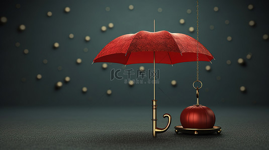 体重秤和充满活力的红色雨伞的 3D 渲染