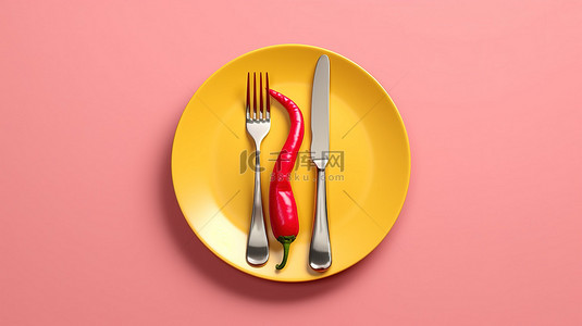从上到下的红色和黄色辣椒的视图，用叉子和刀在粉红色的盘子上 3D 渲染