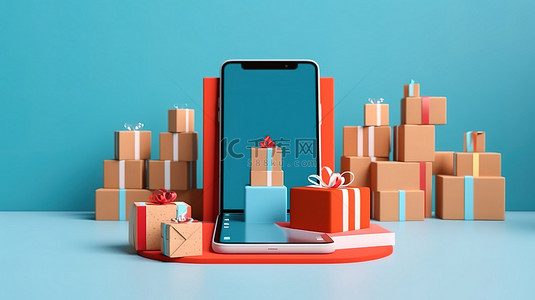 蓝色背景网上购物电子商务移动应用程序和纸盒的 3D 渲染