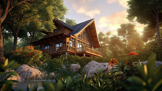 质朴的花背景图片_质朴的小木屋坐落在茂密的丛林中，拥有令人惊叹的森林背景 3D 建筑设计理念