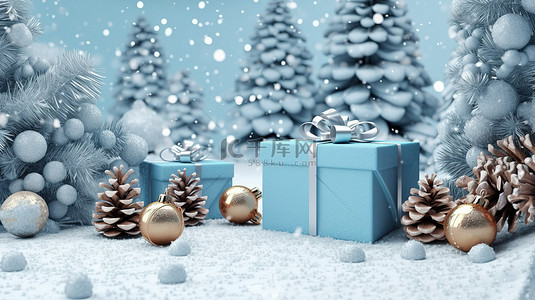 蓝色礼物和冷杉锥圣诞横幅节日 3d 插图