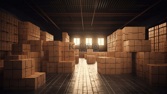 堆叠的包裹背景图片_仓库中堆叠纸板箱的物流概念 3D 插图