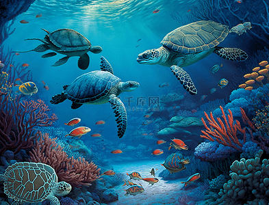 珊瑚卡通背景图片_珊瑚礁海龟美丽的水下世界海洋背景