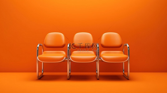 扁平单色背景图片_橙色背景下三人单色主题公共座位的 3D 渲染